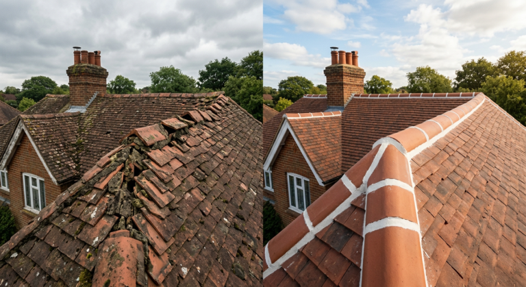 Ridge tiles re-bedded and repointed on a Dublin roof