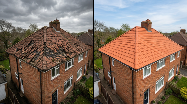 Before and after tile roof replacement on a Dublin home